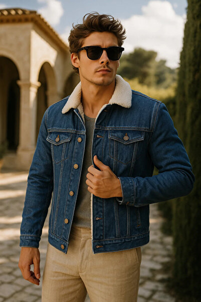 comstar Men's Winter Premium Casual Fur Lined Dark Blue Denim Jacket