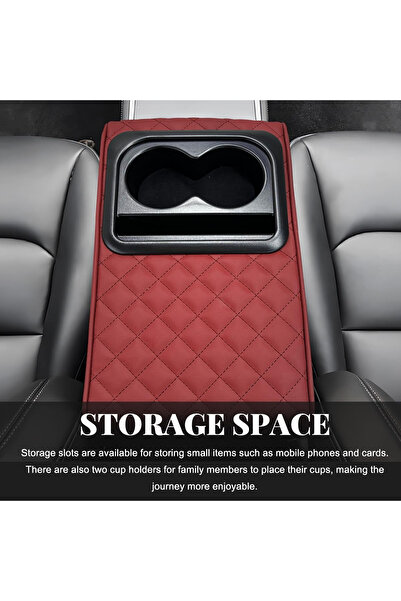 AGC Universal Car Armrest Cushion with Dual Cup Holder & Storage Slot – Red PU Leather Cover