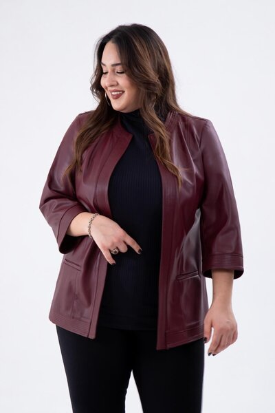 Roxxlen Γυναικείο μπουφάν μεγάλου μεγέθους χωρίς καλύμματα τσέπες από συνθετικό δέρμα μπορντό