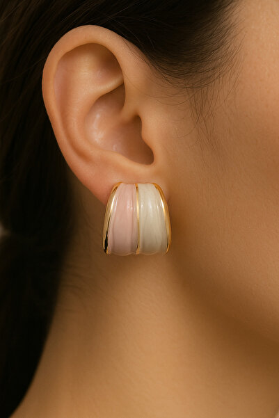 Lanuna Brand Model White and Pink Colored Gold Framed Modern Earrings