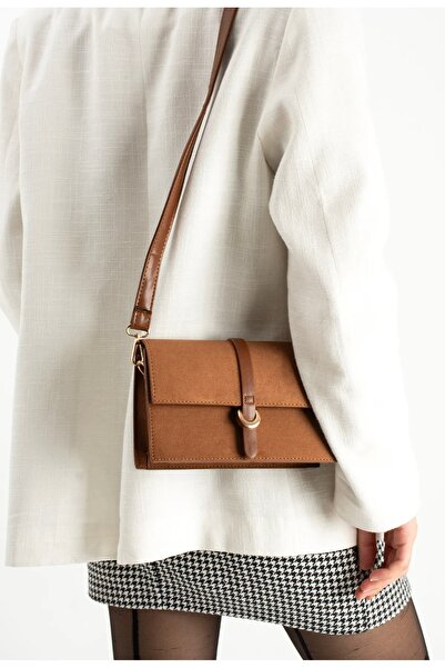 grand coco Women's chic buckle detailed tan suede hand and shoulder bag