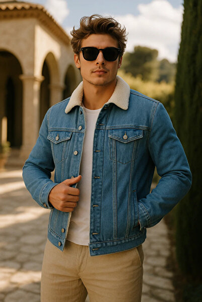 comstar Men's Winter Premium Casual Fur Lined A.Blue Denim Jacket