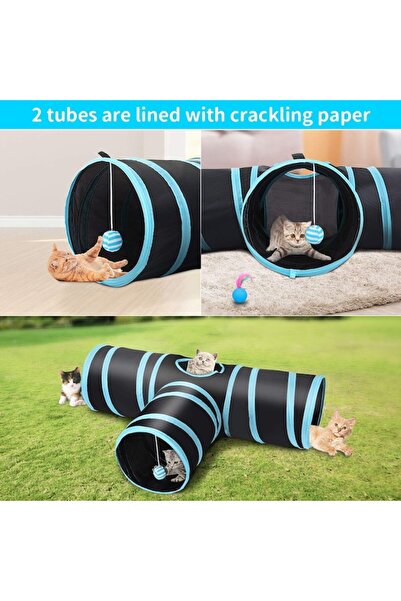 iTin Cat play tunnel, foldable, interactive, 4 exits, 80x30x25 cm, with toys included, blue