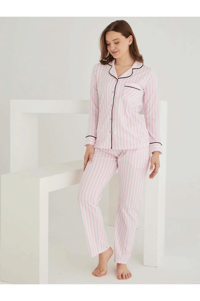 LİNOTTİ Cotton Front Buttoned Striped Shirt Model Pajama Set 021210