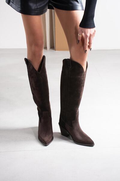 FSKOMBİN Hermoso Brown Genuine Suede Leather Women's Western Heeled Boots