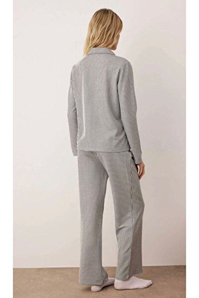 Atelier Masal Black-White Striped Corded Fabric Shirt Collar Knitted Pajama Set