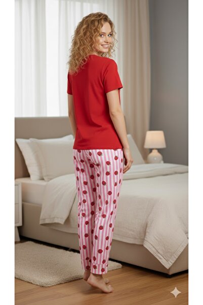 FAMES PİJAMA Women's Red Strawberry Printed Pajama Set