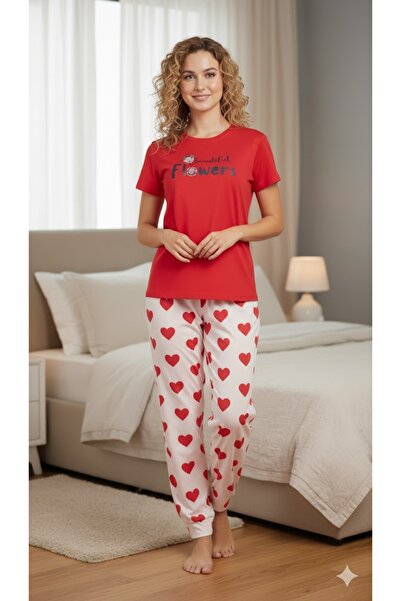 FAMES PİJAMA Women's Red Short Sleeve Summer Pajama Set