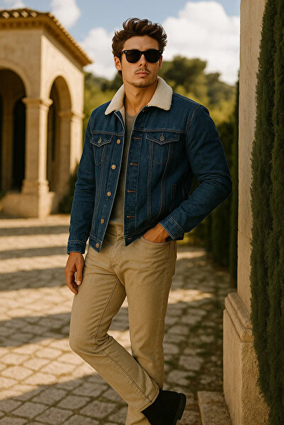 comstar Men's Winter Premium Casual Fur Lined Dark Blue Denim Jacket