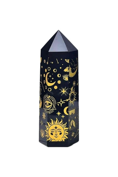 craftmystic Turn de cristal obsidian de 9-10 cm cu model de stea și lună acoperit cu aur