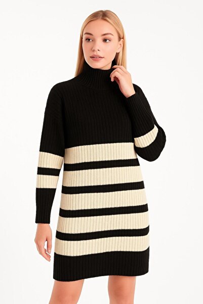 Sfg Life Moda Women's Mock Neck and Boydan Corded Fabric Knitwear Tunic-Dress