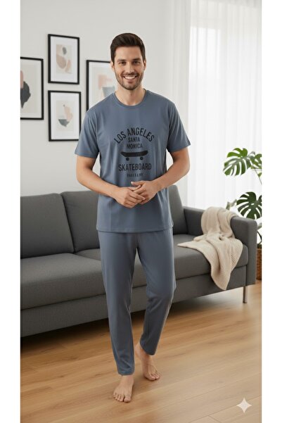 FAMES PİJAMA SET DE PIJAMĂ DE VARĂ CU MÂINI SCURTĂ ALBASTRU PENTRU BĂRBAȚI