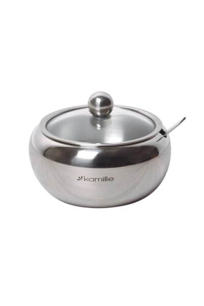 Kamille Stainless steel sugar bowl KM-7002 with spoon and glass lid, 460 ml