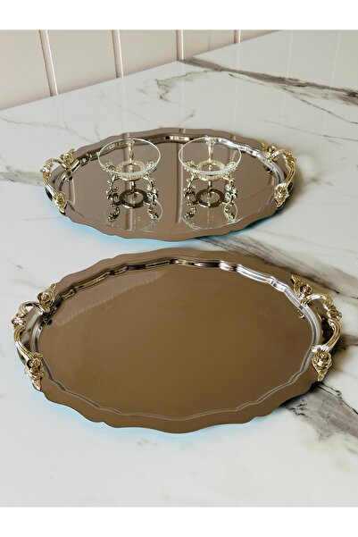 Melinda Lunea 2-Piece Oval Coffee and Promise Tray with Silver Handles - Glass Ring Holder Set (20X25Cm)