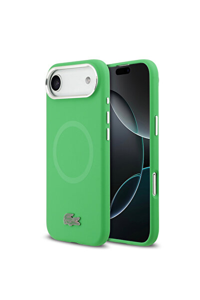 Lacoste iPhone 17 Air Compatible Case Licensed M-Safeli Iconic Logo Metal Camera Frame Silicone Cover Green