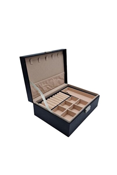 Fabrilux Cutie de bijuterii din piele ecologică neagră cu compartimente multi...