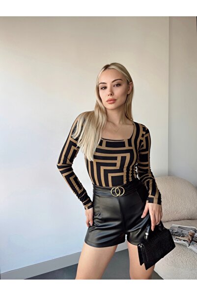 MELA ROSSA Women's Beige Geometric Square Neck Long Sleeve Viscose Blouse