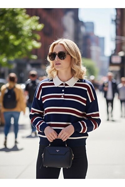 Vaniza Women's Polo Neck Striped Sweater Navy Blue