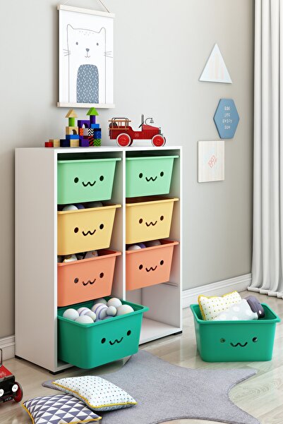 DEKOZUM KİDS Gülen Yüzlü 8 Large Sepetli Dolap Oyuncak Dolabı Çok Amaçlı Mutf...