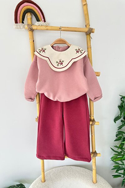 Minigimin Cicileri My Little Girl's Winter Suit with Embroidered Collar and Asymmetrical Detail - Purple