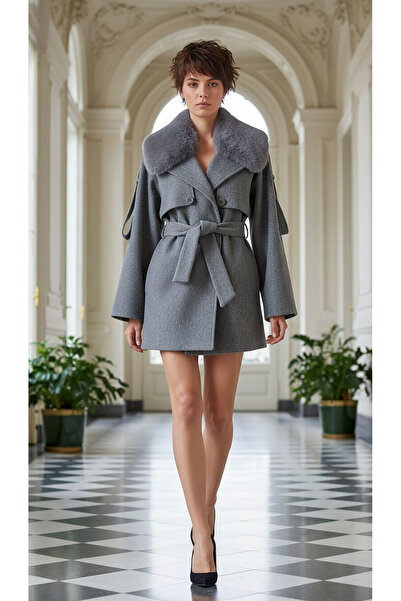 dml giyim Fur Collar Detail Cashmere Coat