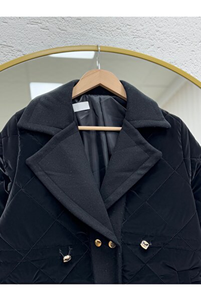 BENAHOLL Alva Buttons Snap Fastener Waist Tightening Quilted Short Coat-En2108 Black