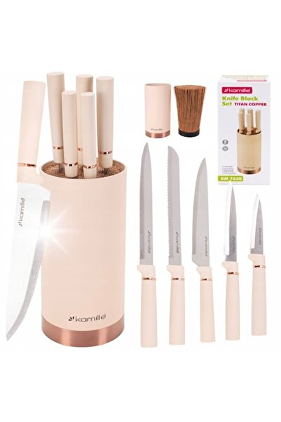Kamille Set elegant de 5 cuțite bej cu suport