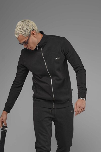 SOFTWAY Unisex Regular Fit Mock Neck Zippered Pocket Interlock Pique Sweatshirt - Black