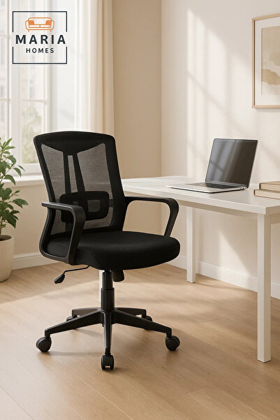 MARIA HOMES كرسي مكتب مريح باللون الأسود مع ظهر شبكي - دوار، ارتفاع قابل للتعديل وتصميم مريح