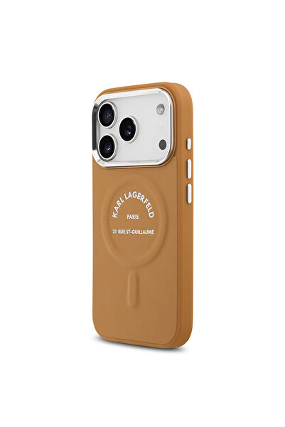 Karl Lagerfeld حافظة متوافقة مع هاتف iPhone 17 Pro مرخصة من M-safeli لكاميرا معدنية وزر باريس RSG جلد بني