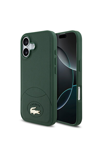 Lacoste iPhone 17 Compatible Case Licensed M-Safeli Pu Leather Designed Metal Logo Cover Green