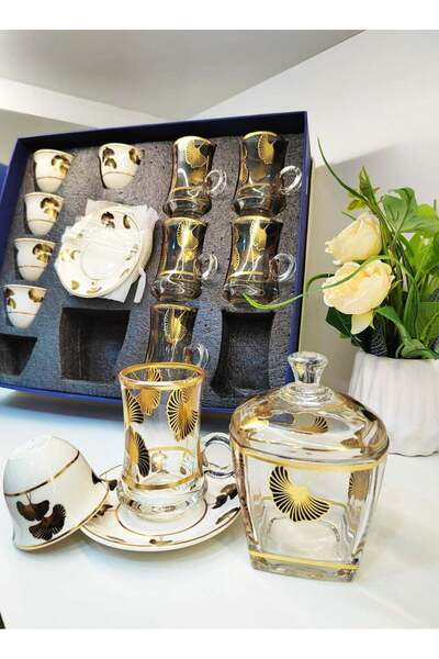 Generic طقم من 19 فنجان شاي مع صحون ووعاء سكر - تصميم عربي تقليدي