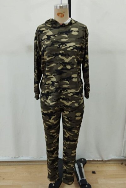Mossta Hooded Camouflage Patterned Blouse and Pants Two-Piece Set - Green