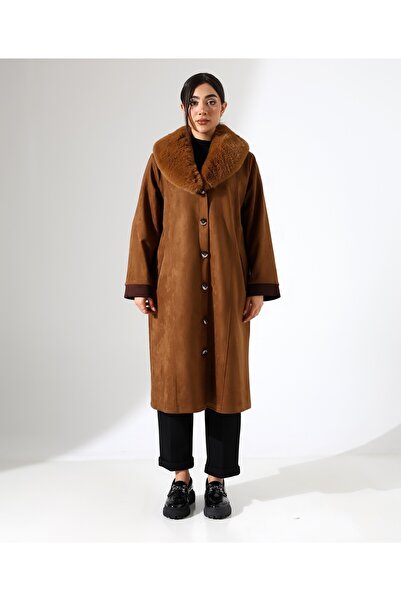 Fi'l Arz Fashion Shawl Collar Fur Detail Long Coat