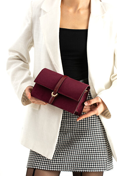 Çanta Trend *** Bella Model Burgundy Suede Women's Hand and Shoulder Bag