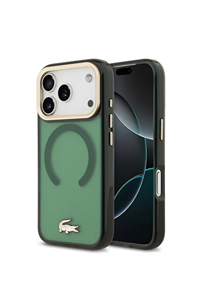 Lacoste iPhone 17 Pro uyumlu Kılıf Orjinal Lisanslı M-safe Özellikli Gold Timsah Logolu Buzlu Kapak Yeşil