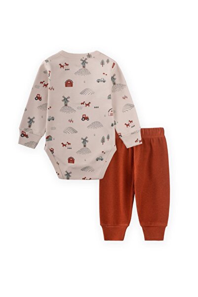 Cigit Farm Patterned Bodysuit Set 0-3 Years Old Beige