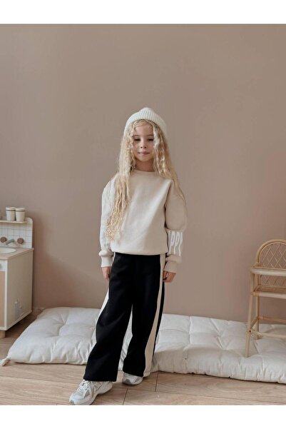 RAPAPA Black Striped 3 Thread Ş Fleece-Lined Girls Tracksuit Set - Modern and Comfortable Winter Model 5045K