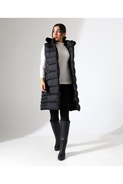 Fi'l Arz Fashion Fur Detail Hooded Plus Size Puffer Vest