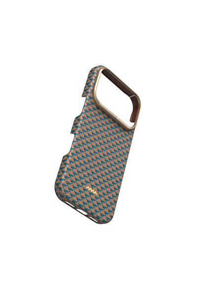 Raptic iPhone 17 Pro Max Uyumlu Kılıf M-safe Şarj Özellikli Aramid Skin Origin Seri Kapak Gold-Mavi