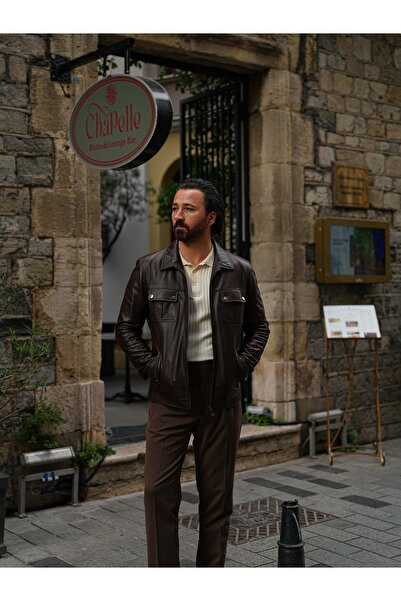 PAREZ Erkek Slim Fit Fermuarlı Hakiki Naturel Deri Mont Ceket - Kahve