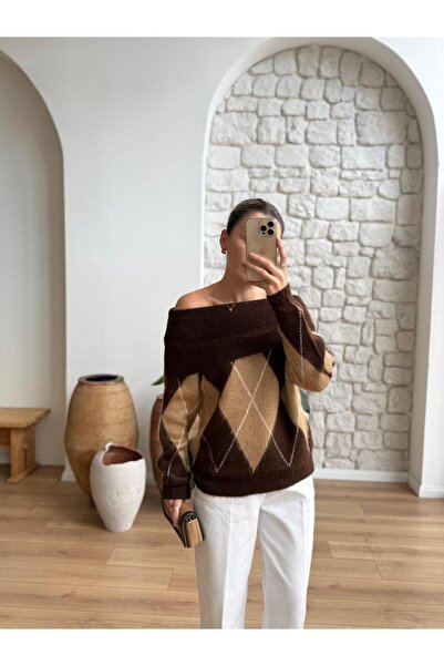 MY DEPO Women's Madonna Collar Diamond Pattern Knit Sweater