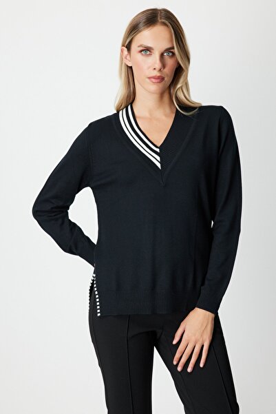 ON TRİKO Pulover cu decolteu în V și bordură reiată 65378-26k Negru