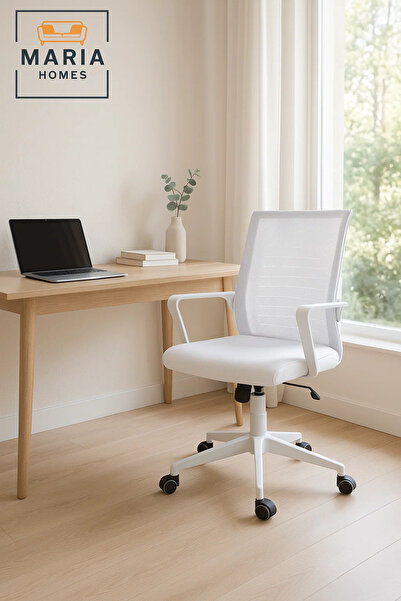 MARIA HOMES كرسي مكتب أبيض مريح مع ظهر شبكي - ارتفاع قابل للتعديل، تصميم دوار...