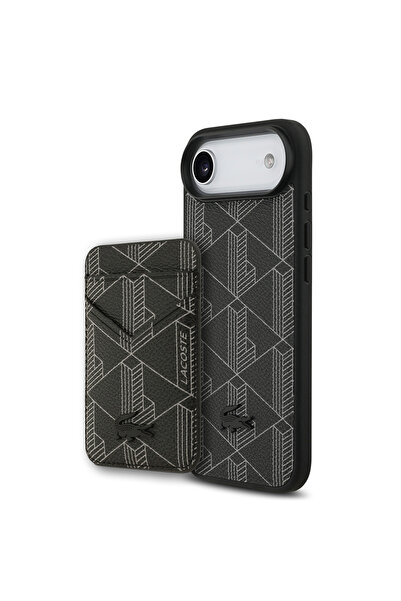 Lacoste iPhone 17 Air Case Licensed M-Safeli Pu Leather Card Holder Mixed Monogram Pattern Cover Black