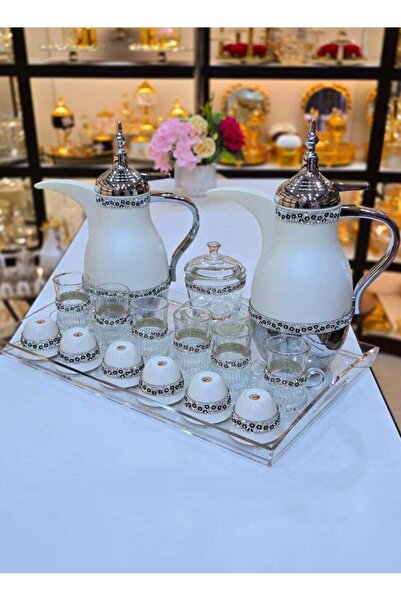 Generic 22-Piece Arabic Tea & Coffee Set with Tray and Thermos (White Gold)