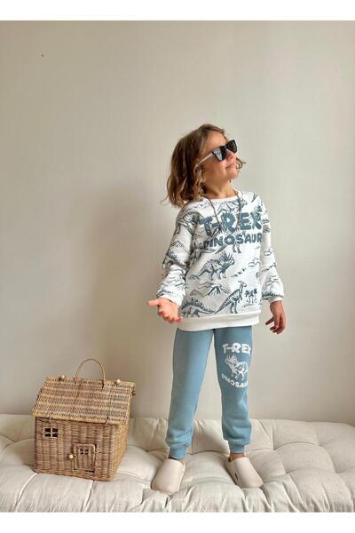 RAPAPA Printed 3 Thread Ş Fleece-Lined Boys' Tracksuit Set - Blue and White Winter Model 9101