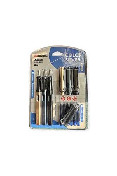 Polin Chren Premium Dolma Kalem Seti, 3'lü Gümüş Renkli Mürekkepli Kalem, EF-...