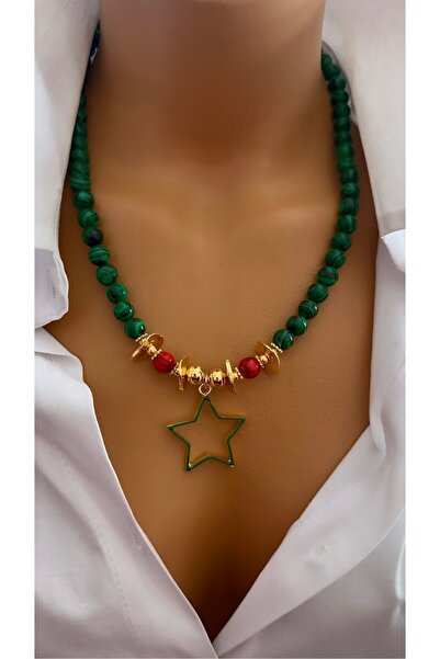 Nevaa Still Sıkma malahit doğal taş altın kaplama tasarım yılbaşı yeni yıl kolye