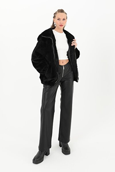 Soul Plush Coat with Hat and Zipper Black 32094